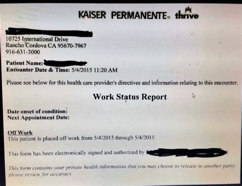 Components of a Kaiser Permanente Doctor Note